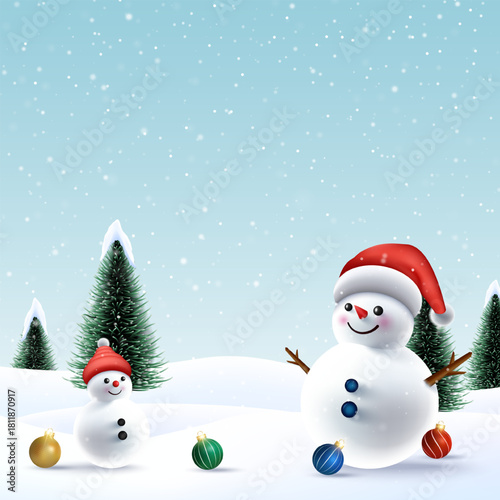 Merry Christmas wish snowy background. Snowdrifts. Snowfall Cold weather. Winter season with 3D cheerful snowman and baby snowman.