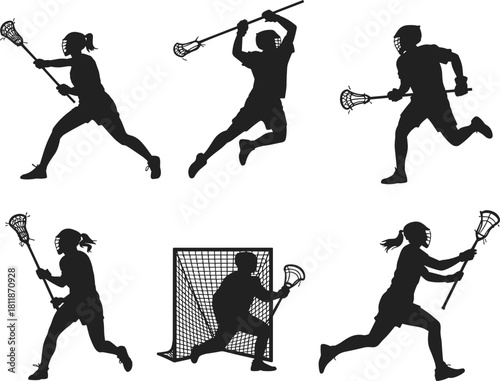 Lacrosse players silhouette action, running, throwing, defending, goalkeeping, dynamic sports movement, athletic competition, cad drawing flat vector illustration