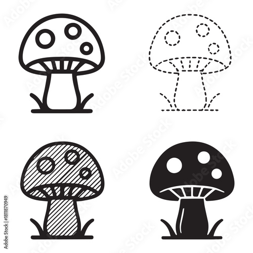Four mushroom illustrations with different styles and details.