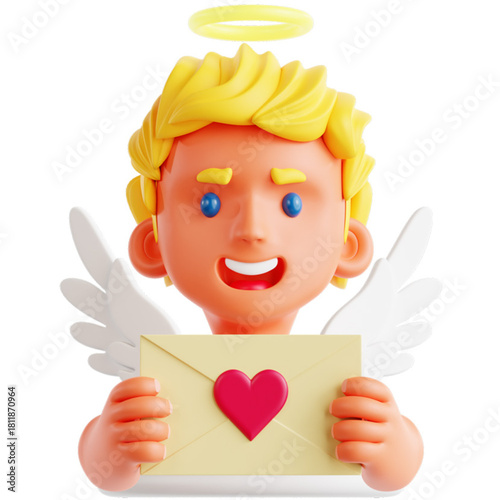 3D Cupid with Love Letter and Heart Valentine's Day Symbol of Romance and Affection