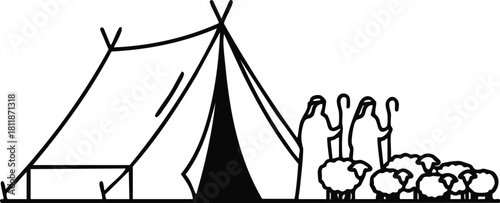 A black and white illustration depicting a tent, shepherds, and a flock of sheep, possibly representing a biblical scene.