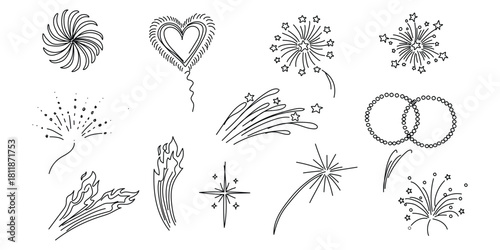 Simple hand drawn  Fireworks Doodle Sheet – Clean Thin-Line Spark Designs”