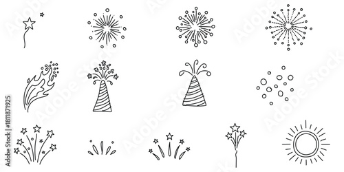 Simple hand drawn  Fireworks Doodle Sheet – Clean Thin-Line Spark Designs”