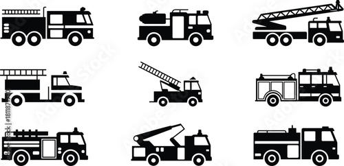 Fire truck icon set, emergency rescue vehicle illustration, firefighting engine design, ladder truck symbol, transport service, cad drawing flat vector illustration