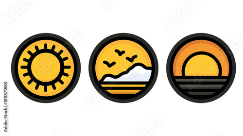 Vector icon set of sun, scenic natural landscape with birds and mountains, and a vibrant sunset or sunrise over water.