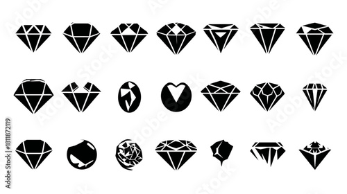 Collection of black vector diamond and gemstone icons, showcasing various brilliant, emerald, princess, and oval cuts and shapes for jewelry design.