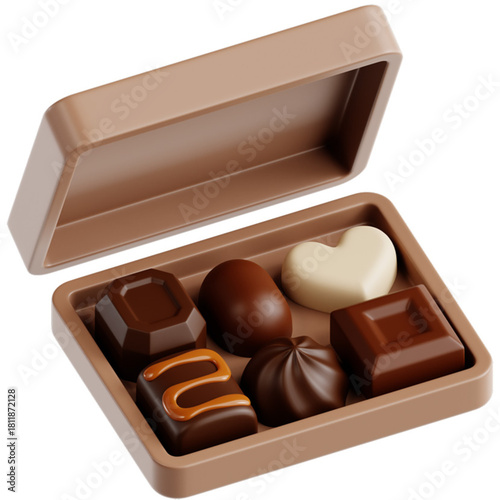 A delightful assortment of chocolate bonbons in a gift box, presented as a stylized 3D icon