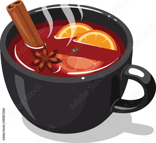 A steaming black mug of hot mulled wine garnished with orange slices, a cinnamon stick, and star anise.