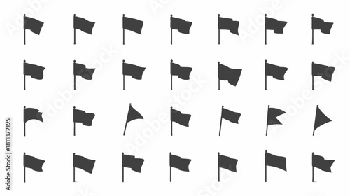 Collection of waving flag, banner, and pennant silhouettes. Set of black vector icons in various shapes and motion, isolated on white.