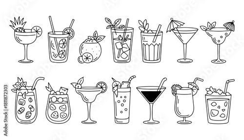 Set of cocktail illustrations hand-drawn line art of summer drinks perfect for menu design and beverage-related projects