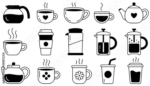 Set of coffee and tea icons simple line art vector illustration for cafe menu web design and mobile apps isolated on white background