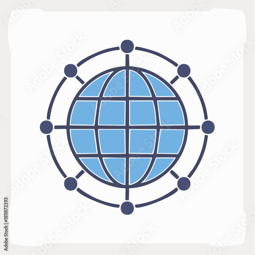 Icon of planet Earth with an orbital network, symbolizing global business, internet, and worldwide communication technology