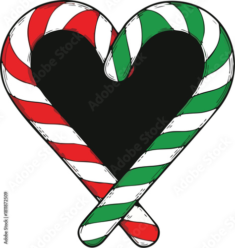 Two candy canes forming a heart shape, one red and one green.