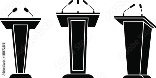 Podium with microphones, stage presentation stand, debate conference podium design, public speaking platform, cad drawing flat vector illustration, silhouette art