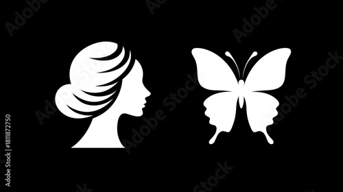 White silhouette of an elegant woman's profile with hair bun and a beautiful butterfly on a black background, representing beauty and transformation.