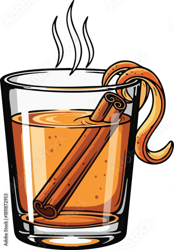 A steaming glass of hot spiced cider garnished with a cinnamon stick and a curly orange peel.