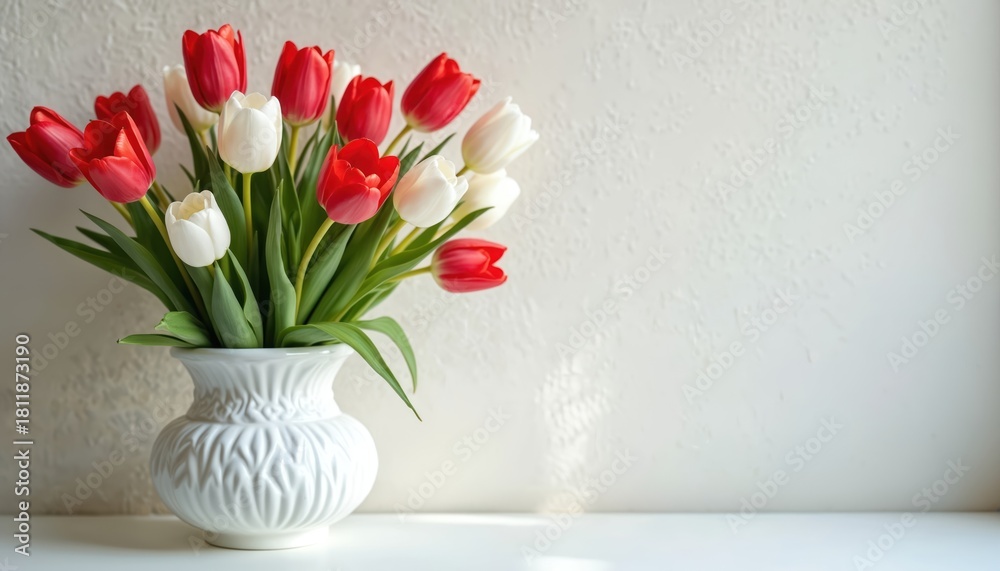 Fototapeta premium Vibrant red, white tulips bloom beautifully in elegant white ceramic vase. Fresh spring flower bouquet sits on bright, clean table against textured light wall, creating simple, decorative home scene.