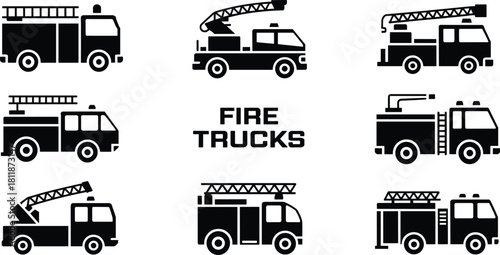 Fire trucks, emergency vehicles, rescue transportation, ladder truck, fire engine, safety equipment, firefighting service, cad drawing flat vector illustration