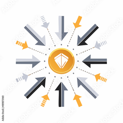 Central shield icon surrounded by converging arrows, representing security and protection against external threats or challenges