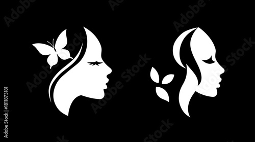 Elegant female profile silhouettes with butterfly and leaves, vector graphic for natural beauty and wellness branding