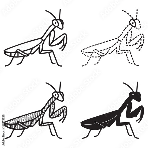 Four illustrations of a praying mantis in different styles: outline, dotted, shaded, and silhouette.