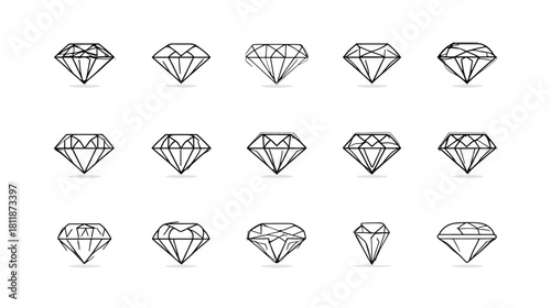 Set of various diamond icons, outlined vector illustrations of gemstones, luxury jewelry symbols isolated on white background.