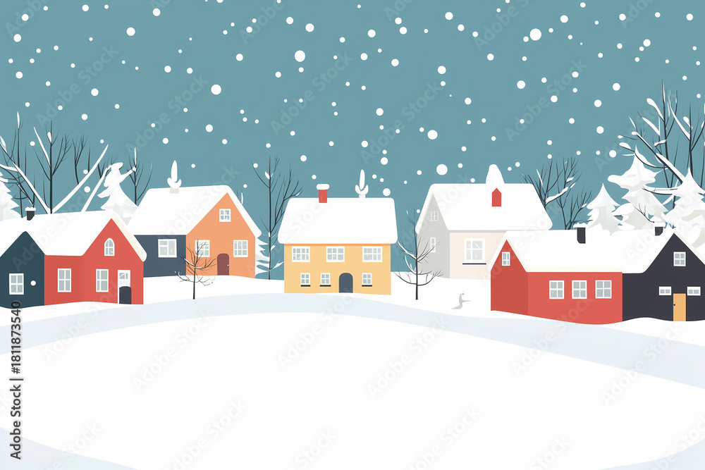 Fototapeta premium Flat design winter cityscape with few geometric houses and falling snow