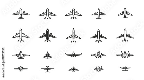 Collection of diverse airplane icons from top view, monochrome aircraft silhouettes for travel, aviation, and transportation design