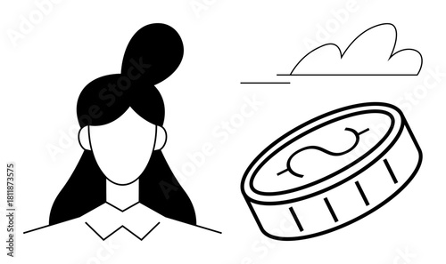 Female character with minimal features, floating coin with dollar sign, and single cloud. Ideal for finance, investment, entrepreneurship, equality, opportunity dreams growth. Simple flat metaphor