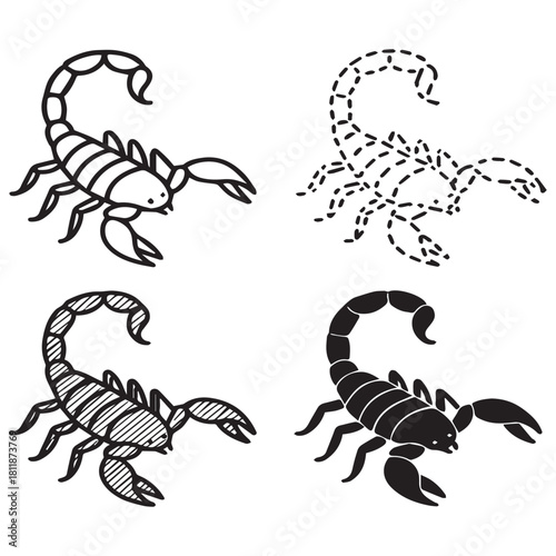 Four scorpion drawings: outline, dotted, hatched, and solid black.