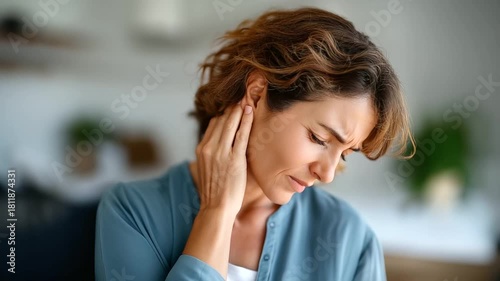 Woman touching ear with concerned gesture face partially hidden ear discomfort hearing concern tinnitus ear pressure auditory issue health worry home setting defocused wit
