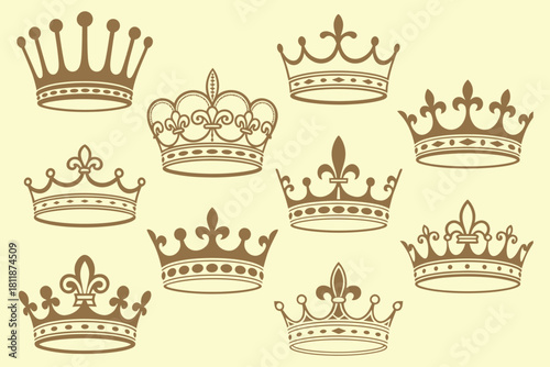 Gold crowns seamless pattern. featuring ornate royal tiaras and vintage monarch symbols, creating an elegant luxury background ideal for decorative vector wallpaper and classic regal designs.