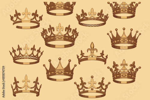 Luxury gold crown pattern. with detailed filigree king, queen, and princess tiaras arranged in a seamless royal background perfect for elegant wallpaper, wrapping paper, or decorative graphics.