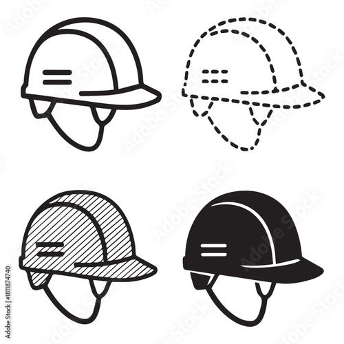 Four hard hat icons in different styles, safety equipment.