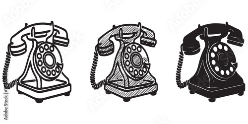 Three vintage rotary dial telephones in different styles and shades.