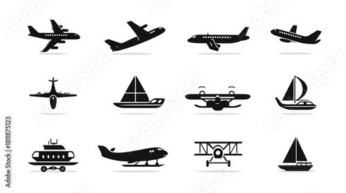 Black Transport Icons Set: Airplanes, Boats, Air Travel, and Marine Craft Symbols for Logistics and Travel Concepts
