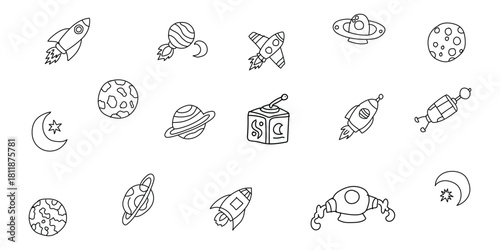 “Hand-Drawn Space Doodle Collection – Planets, Stars & Cosmic Elements”