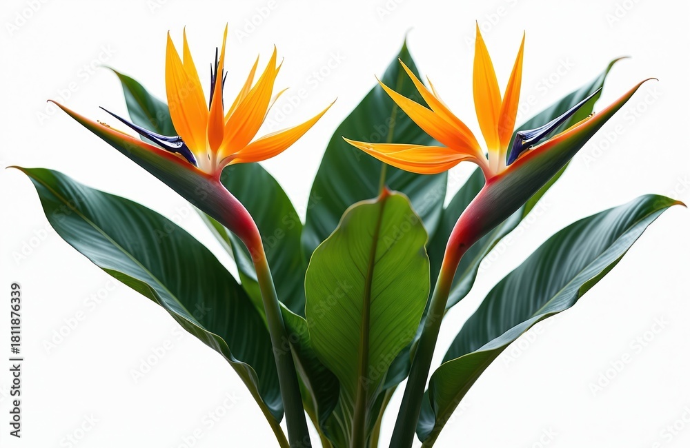 Fototapeta premium Two orange Bird of Paradise flowers bloom above lush green leaves against a stark white background. These tropical plants represent exotic beauty and vibrant natural patterns.