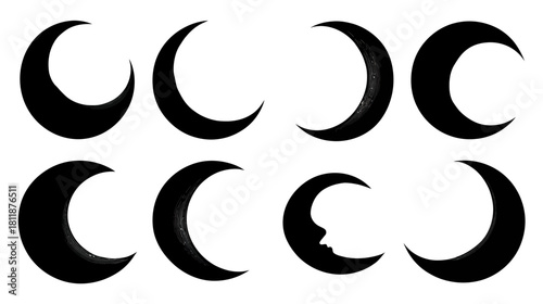 Eight black crescent moon silhouettes set against a white background, depicting various lunar phases and celestial shapes for astronomy and design.