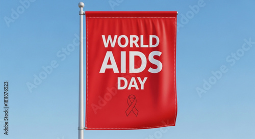 World aids day banner with red ribbon against blue sky