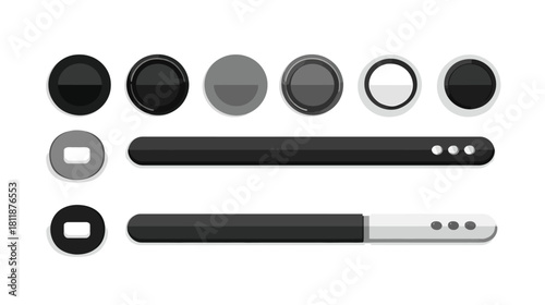 Sleek modern user interface (UI) elements kit. Vector graphic set with black, grey buttons, circular toggles, and horizontal sliders for app and web design.
