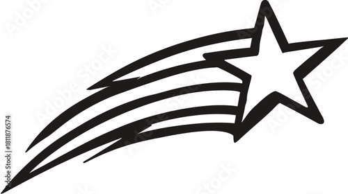 Stylized black and white shooting star vector icon with dynamic speed trails, symbolizing success, achievement, and magic