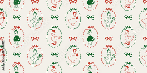 Cute Christmas goose seamless pattern with holiday frames and bows. Coquette repeat background for wrapping, greeting cards, textile designs and decor.