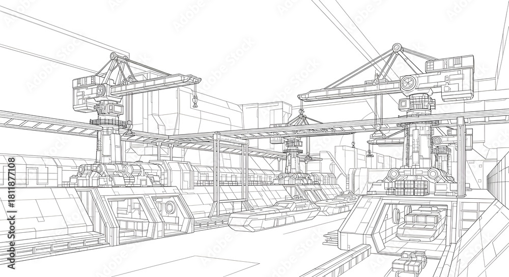 Fototapeta premium Wireframe drawing of an industrial port with multiple gantry cranes and cargo containers.