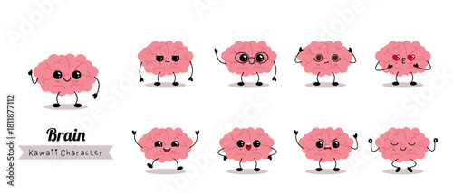 Cute kawaii brain character emotions collection