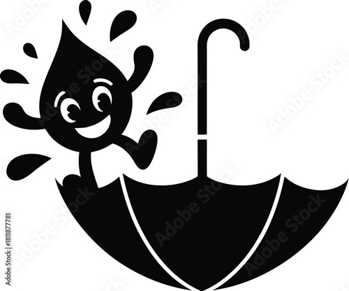 A smiling raindrop seeks shelter under a black umbrella from the rain