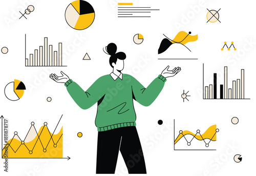 Data Analyst Woman Surrounded by Charts and Graphs, Illustrating Business Intelligence, Market Research, Financial Analysis, and Data Visualization for Informed Decision Making.