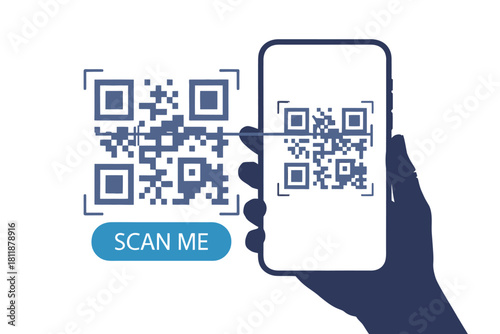 Mobile phone with QR code scanner in hand, representing secure contactless payment, digital access, and barcode verification for UI/UX, web pages, and app promotions.