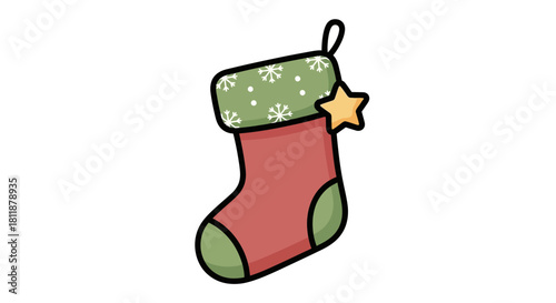 Traditional Christmas stocking icon with green snowflake cuff and star flat illustration
