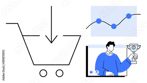 Shopping cart signifies online purchasing, line graph represents performance analytics, and man with trophy embodies achievement. Ideal for e-commerce strategies, digital success, marketing